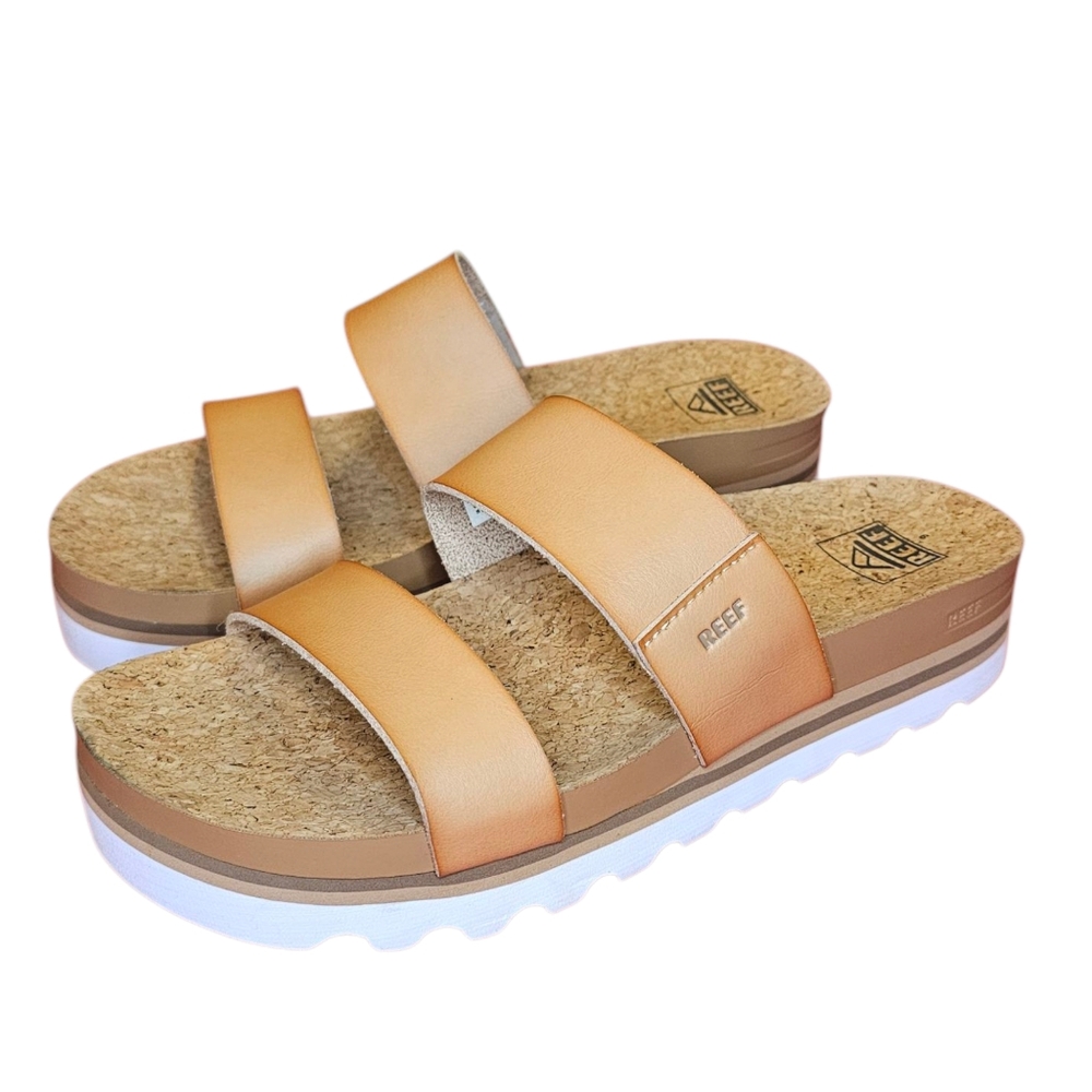Reef Cushion Vista Hi Platform Tan Leather Sandals Strappy Shoes Size 9